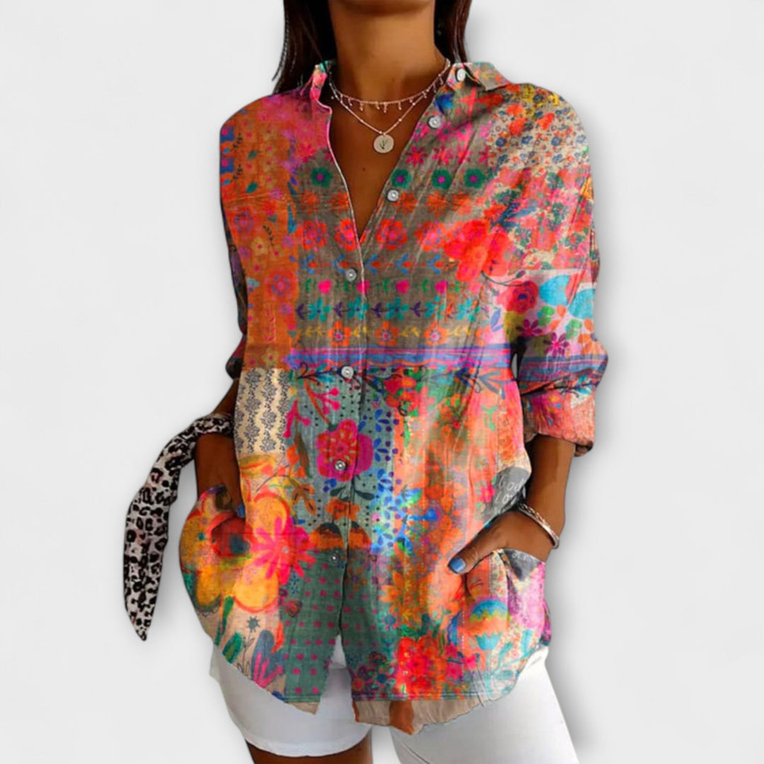 Camisa Feminina Com Padrão de Flores e Mangas Longas