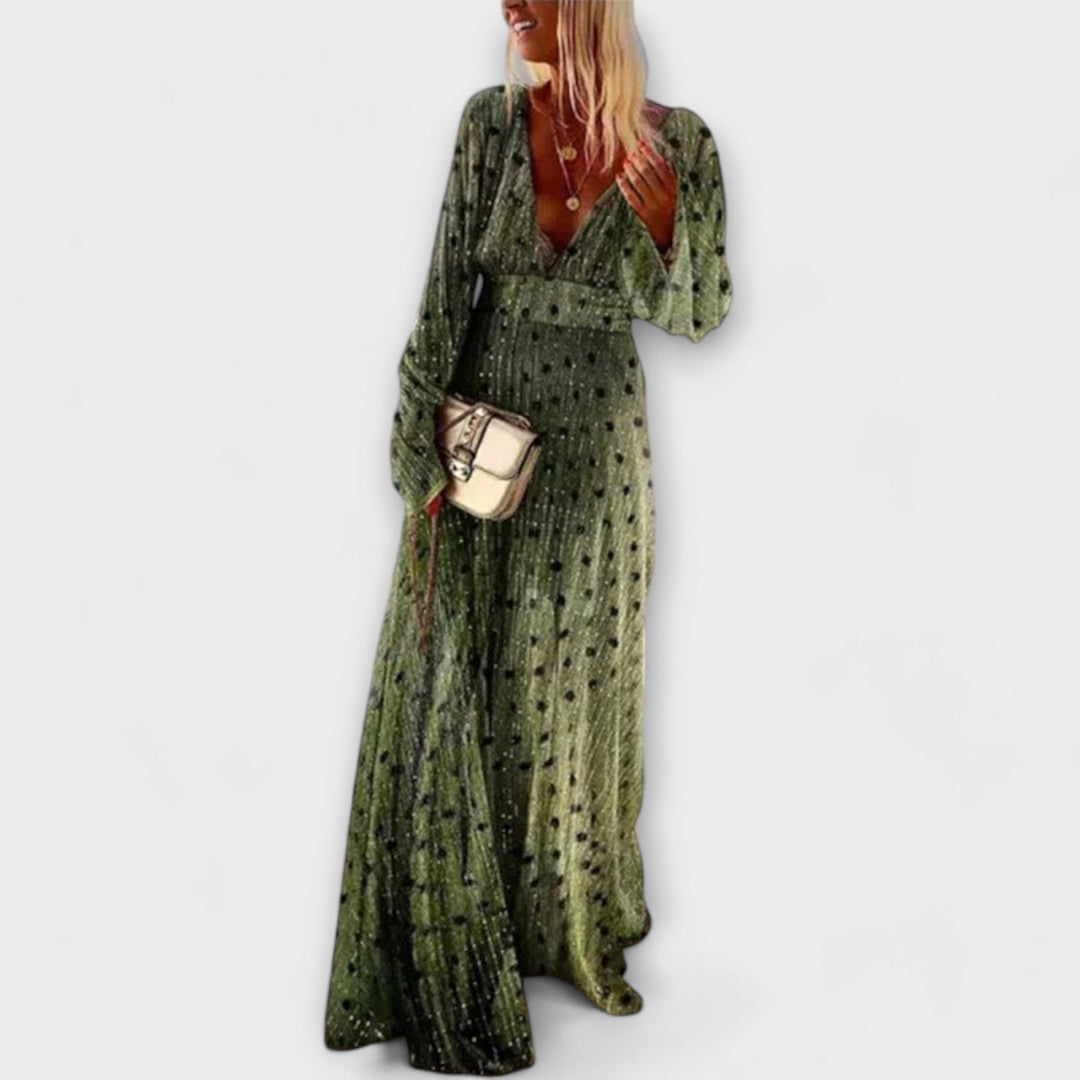 Vestido longo elegante com estampa de bolinhas