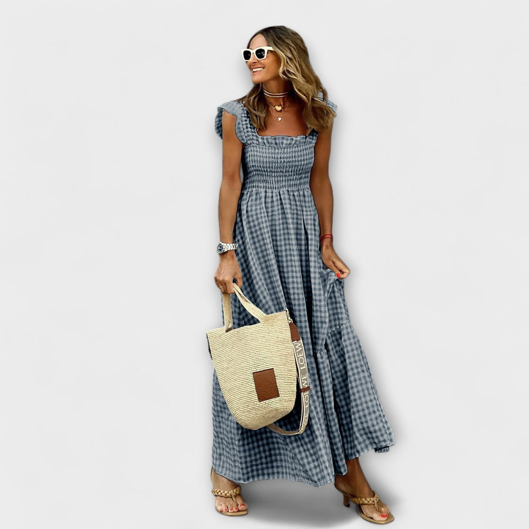 Vestido Maxi Quadriculado com Mangas de Renda