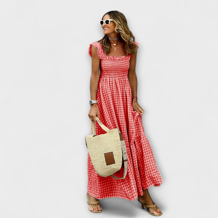 Vestido Maxi Quadriculado com Mangas de Renda