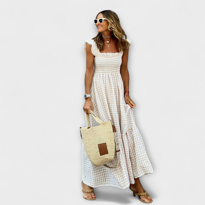 Vestido Maxi Quadriculado com Mangas de Renda