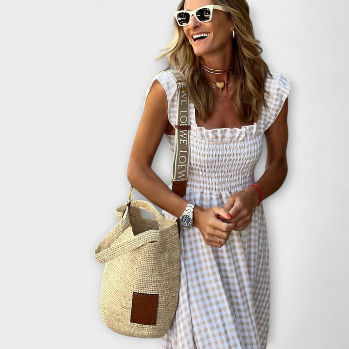 Vestido Maxi Quadriculado com Mangas de Renda