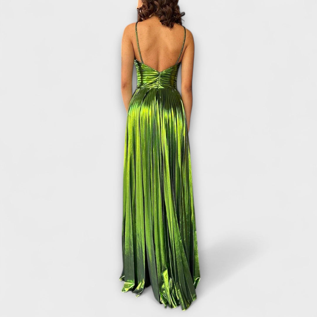 Maxi vestido com tecido metálico