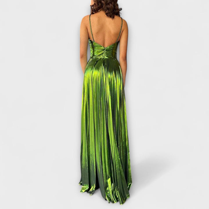Maxi vestido com tecido metálico