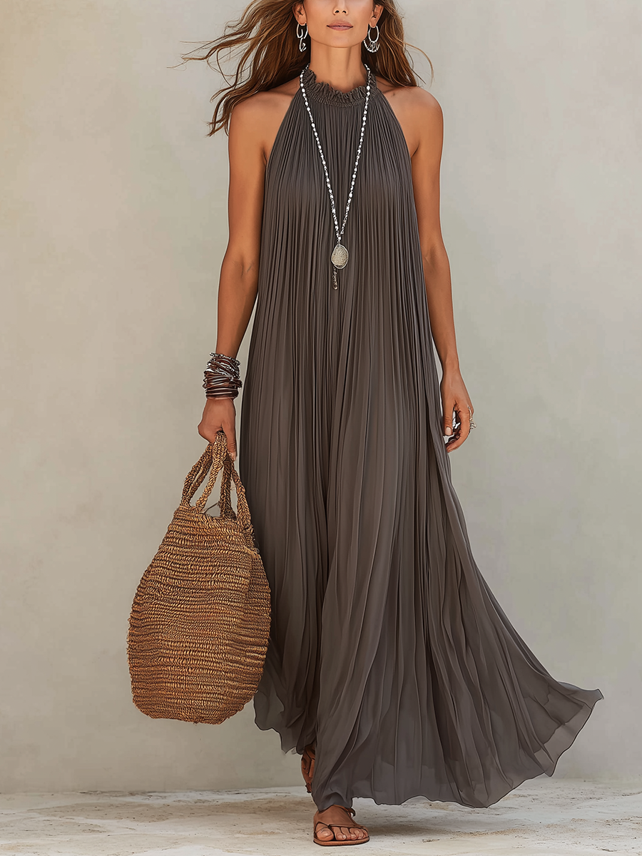 Lara - Maxi Vestido Halter Plissado Cinza
