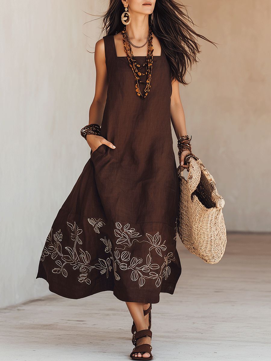Noémia - Vestido Midi de Linho Boho Bordado