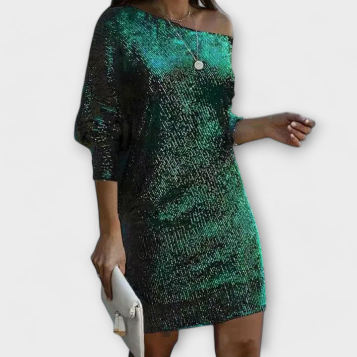 Vestido de festa com lantejoulas e contraste