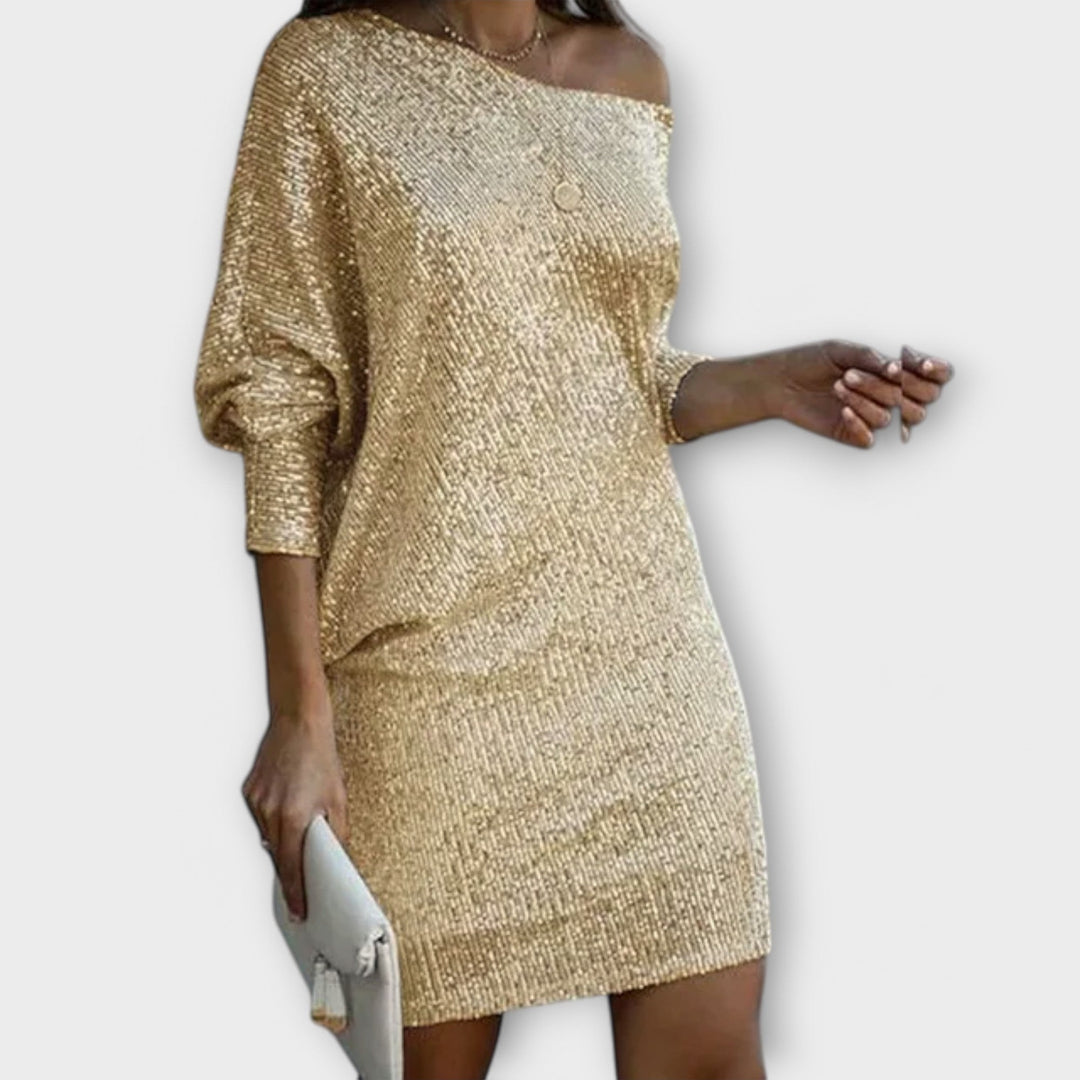 Vestido de festa com lantejoulas e contraste