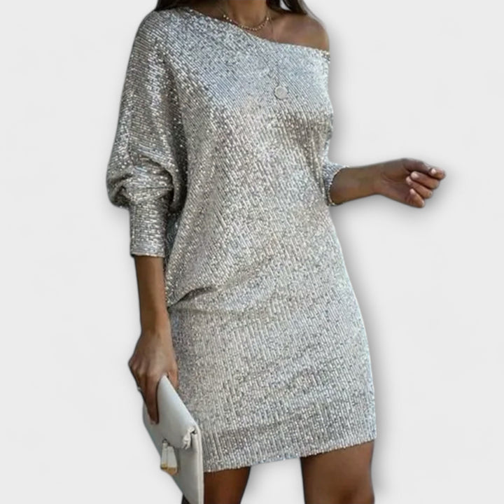 Vestido de festa com lantejoulas e contraste