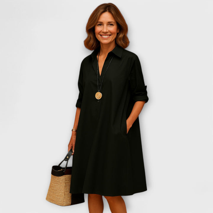 Vestido Camisa Moderno com Colarinho e Mangas Três Quartos