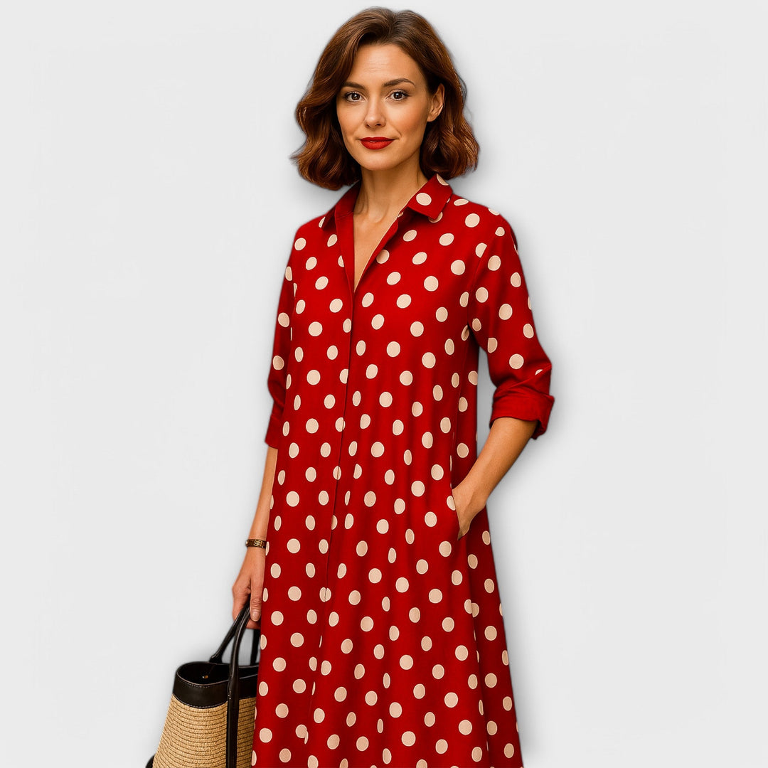 Vestido Camisa Moderno com Colarinho e Mangas Três Quartos