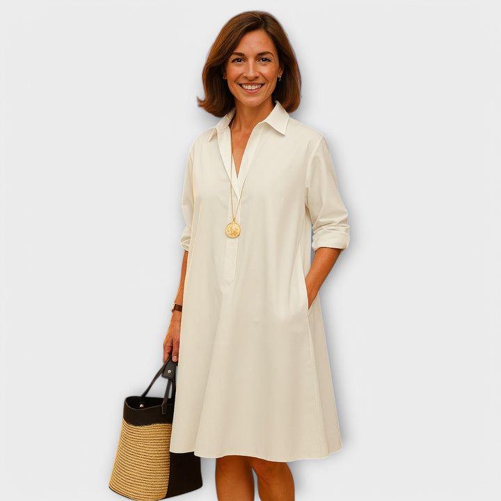 Vestido Camisa Moderno com Colarinho e Mangas Três Quartos