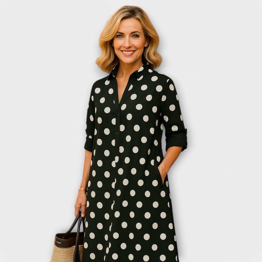 Vestido Camisa Moderno com Colarinho e Mangas Três Quartos