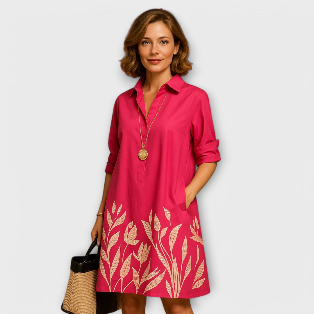 Vestido Camisa Moderno com Colarinho e Mangas Três Quartos