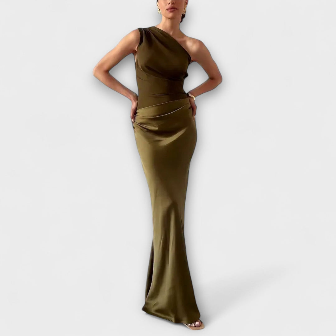 Vestido Maxi Plissado de Um Ombro Elegante