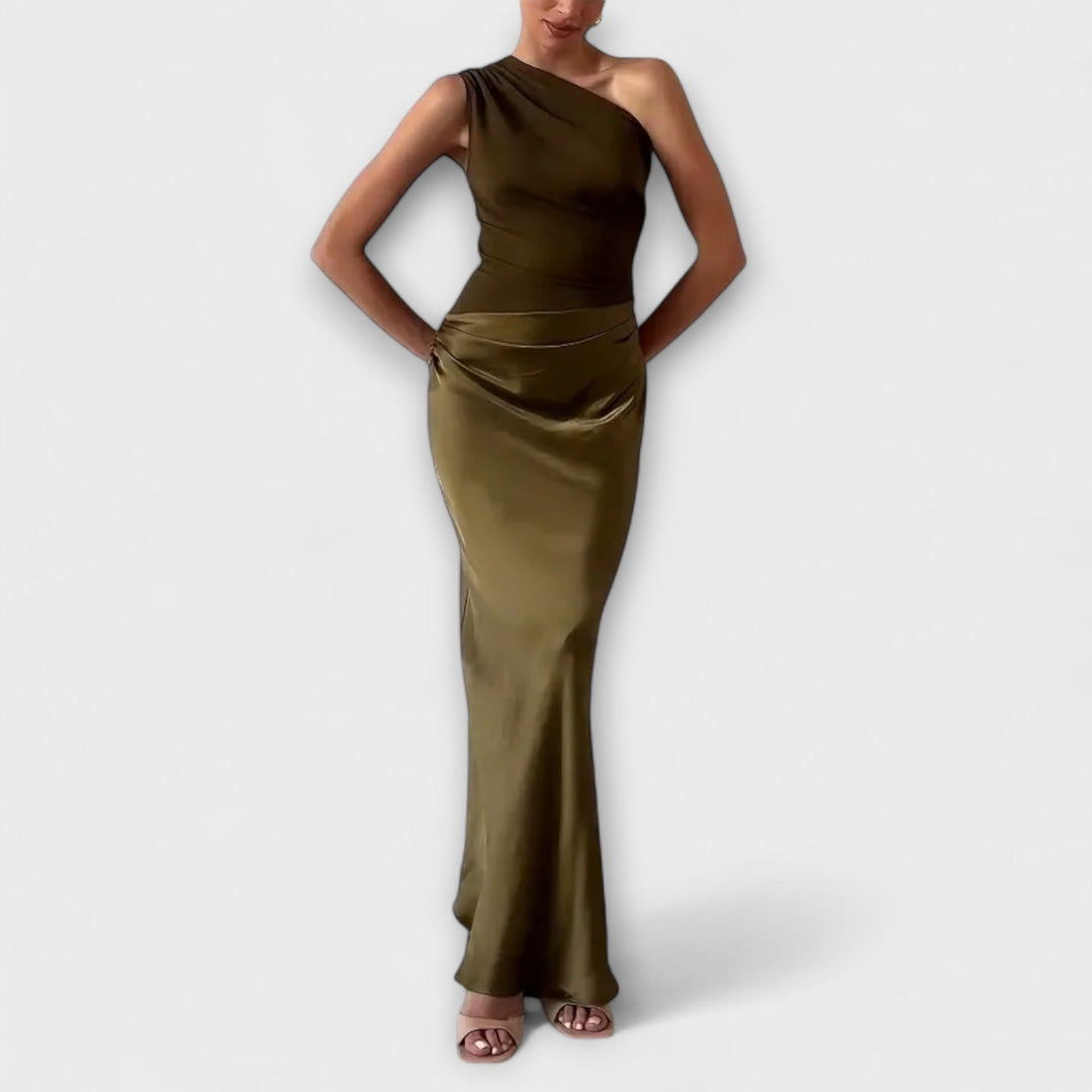 Vestido Maxi Plissado de Um Ombro Elegante