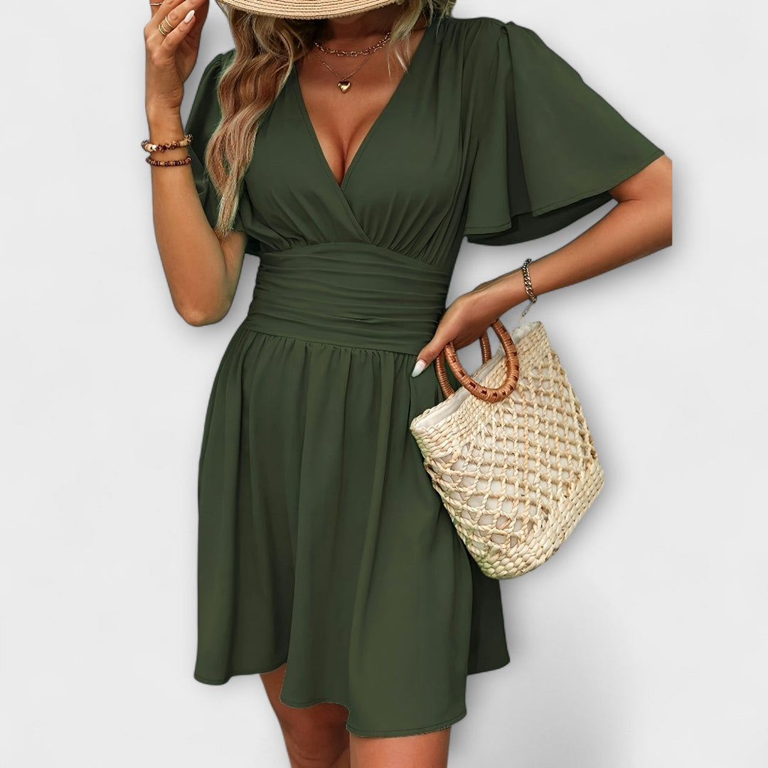Winslet - Vestido com cintura franzida e decote em V