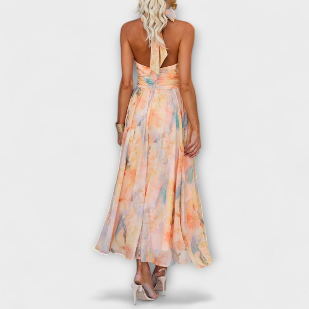 Vestido Maxi de Impressão Aquarela com Decote Halter