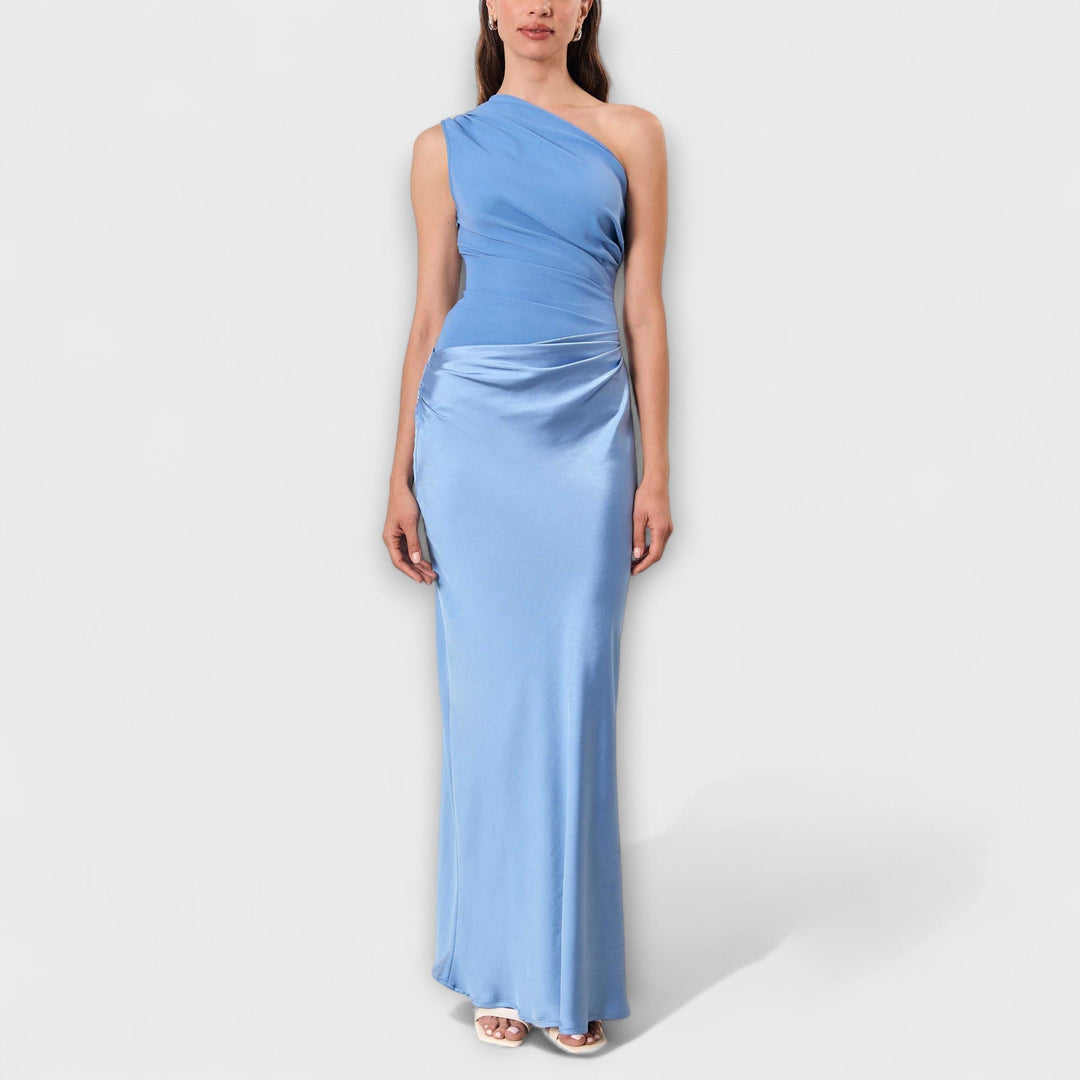 Vestido Maxi Plissado de Um Ombro Elegante