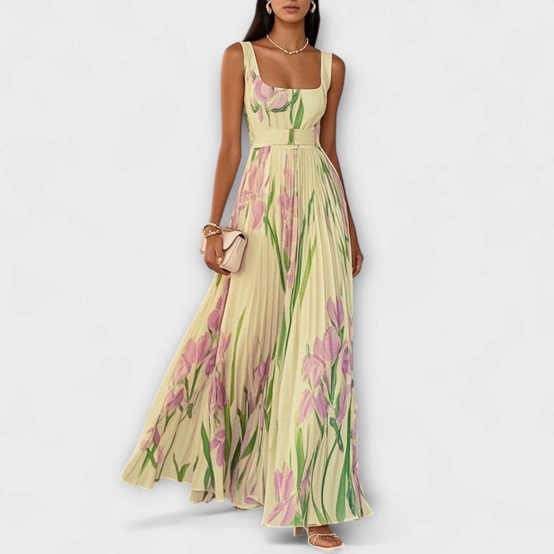 Vestido Maxí de Chiffon Floral Dobrada