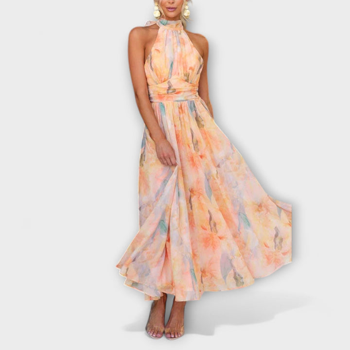 Vestido Maxi de Impressão Aquarela com Decote Halter