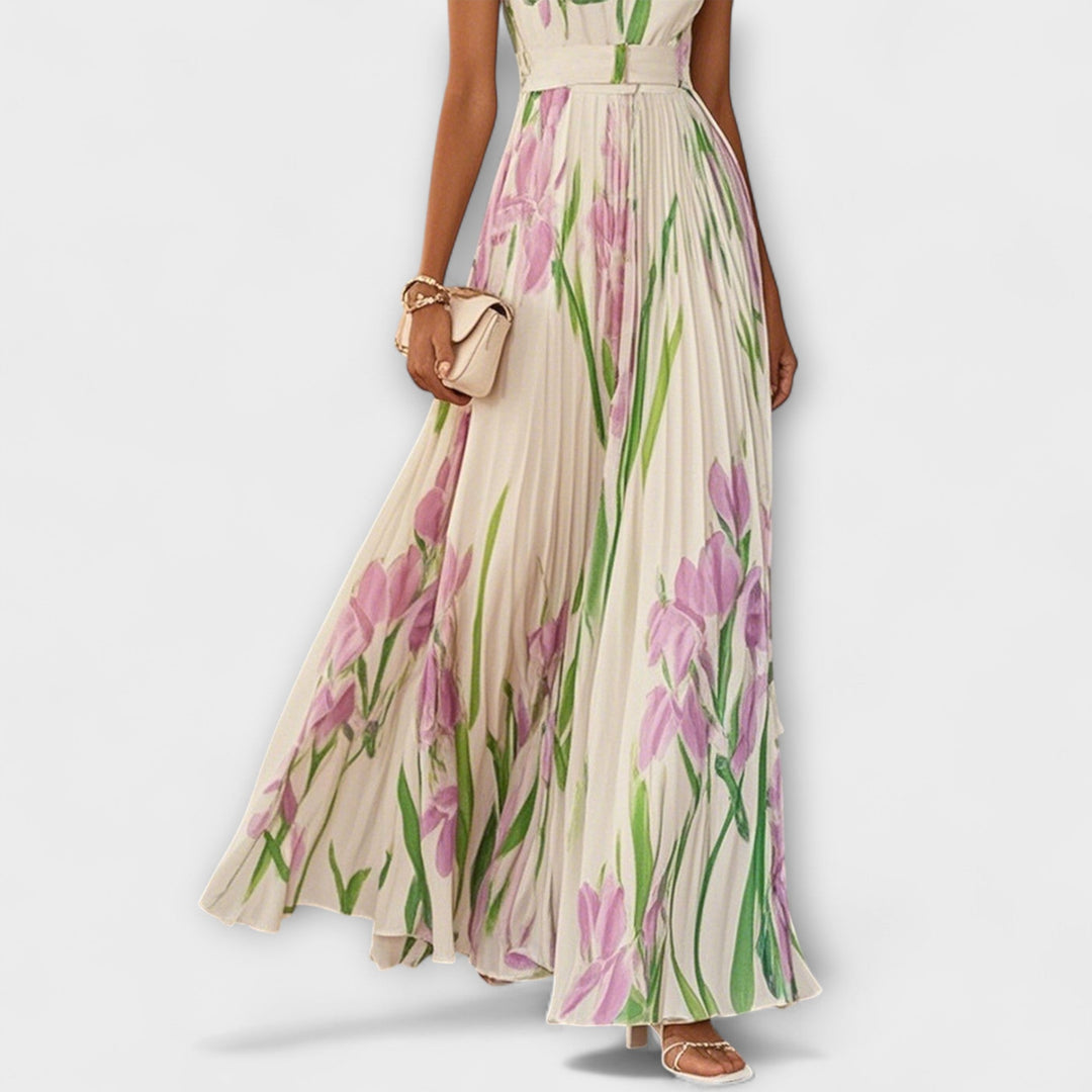 Vestido Maxí de Chiffon Floral Dobrada