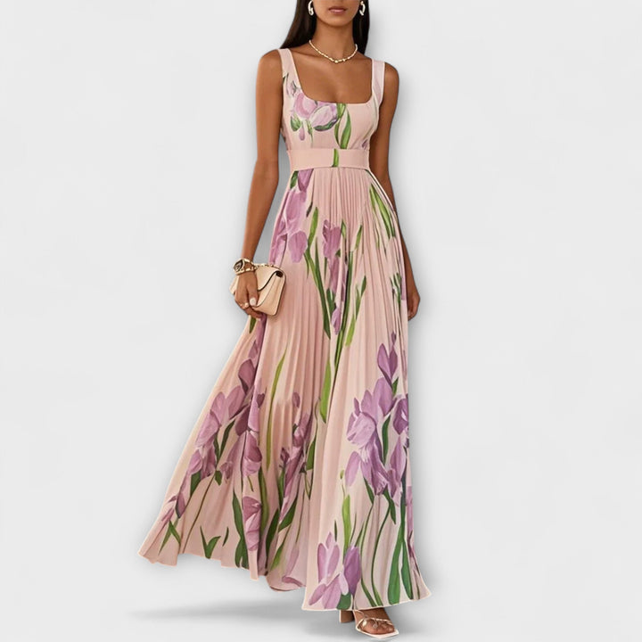 Vestido Maxí de Chiffon Floral Dobrada