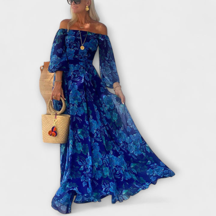 Juniper - Vestido Maxí Smocked Off-Shoulder para as Férias