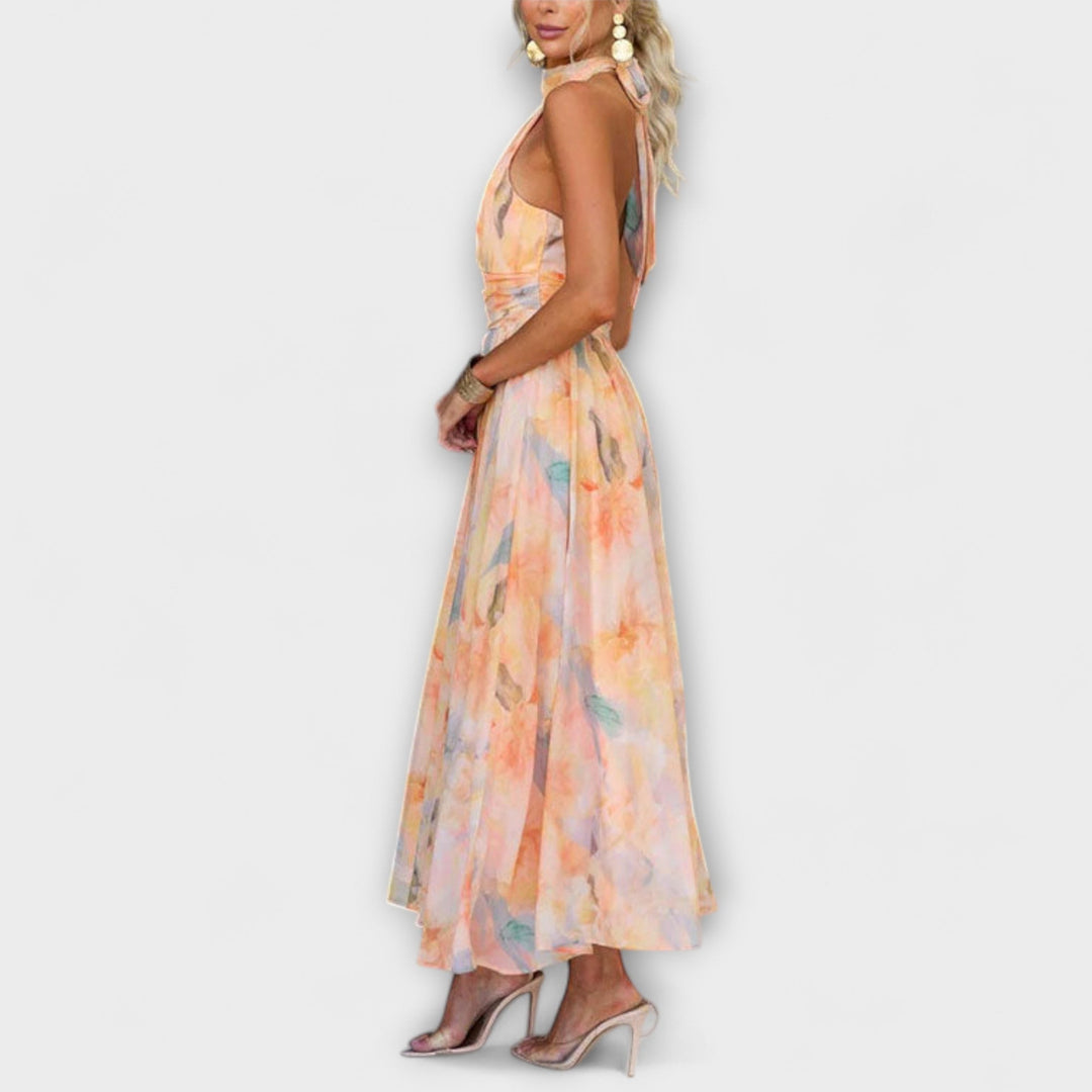 Vestido Maxi de Impressão Aquarela com Decote Halter
