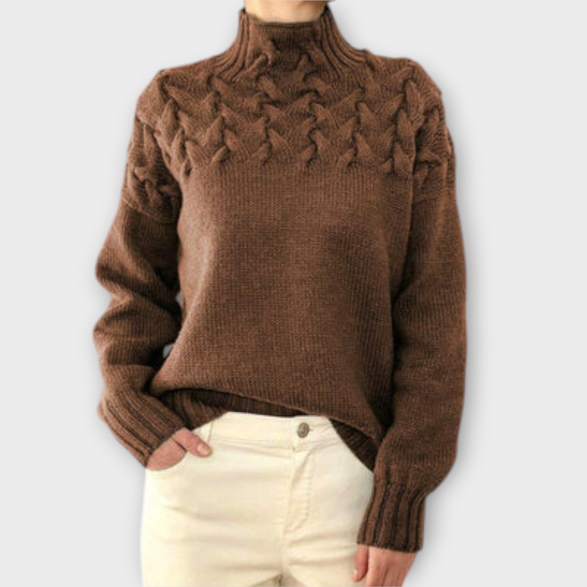 Eva - Pullover feminino com detalhe de tricot em cabos