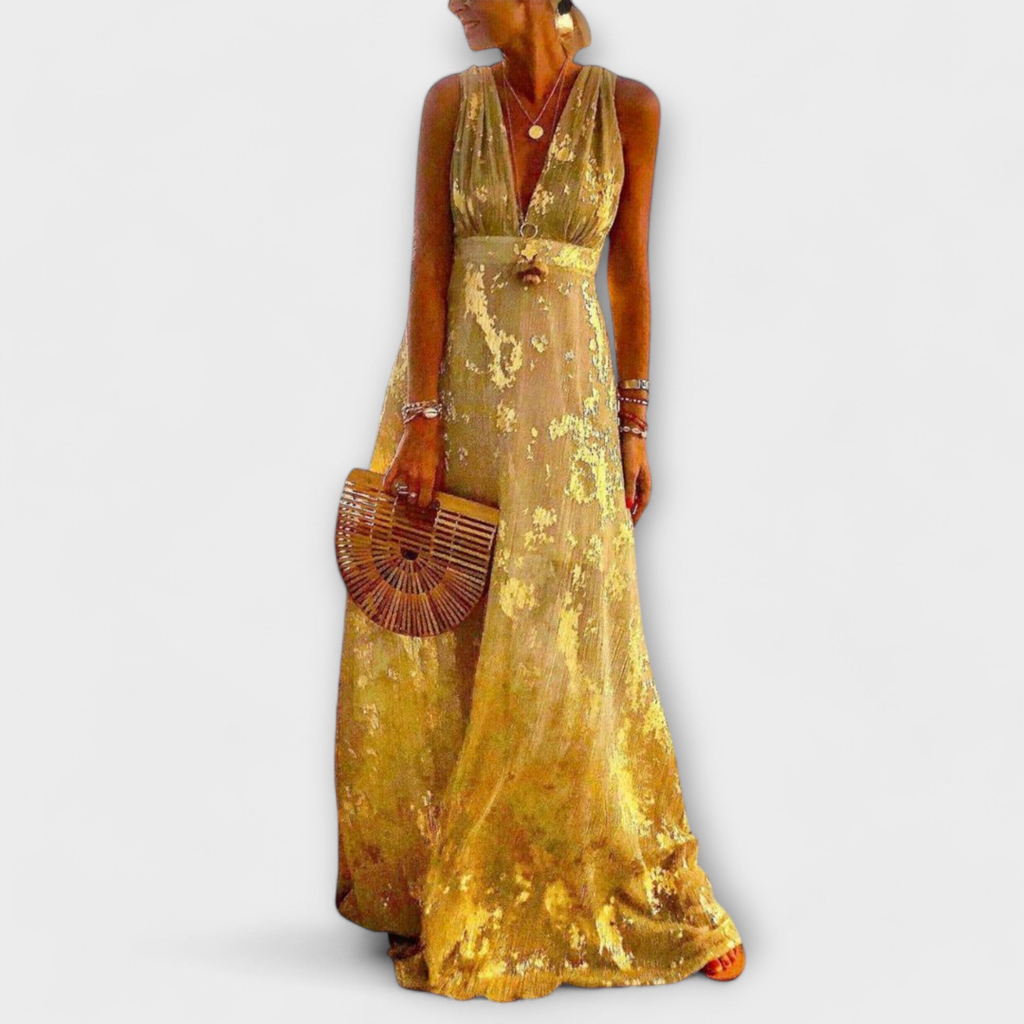 Vestido fluido com decote em V e detalhes em lantejoulas