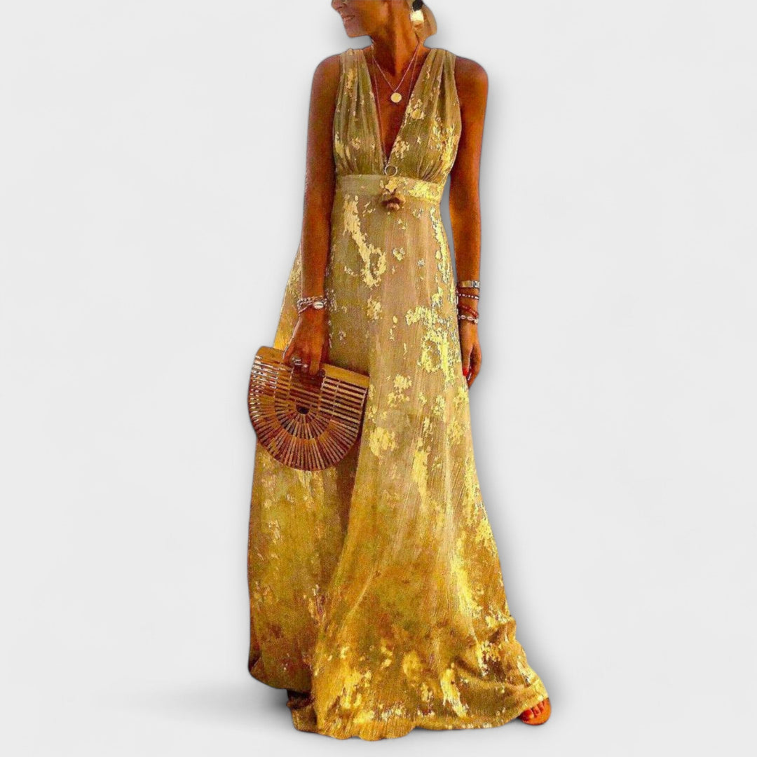 Vestido fluido com decote em V e detalhes em lantejoulas