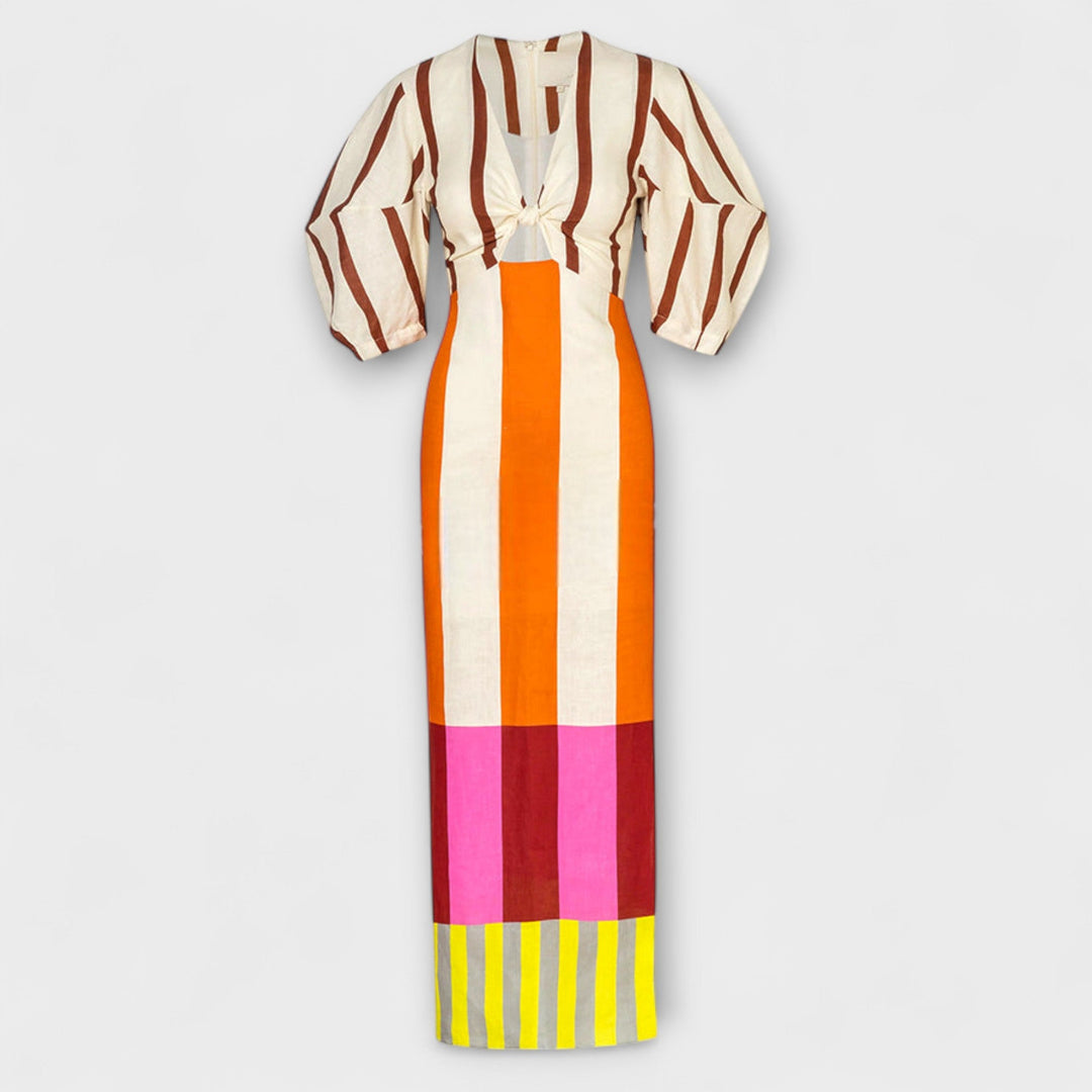 Kaya - Vestido Maxi com Decote Frontal e Mangas Bufantes
