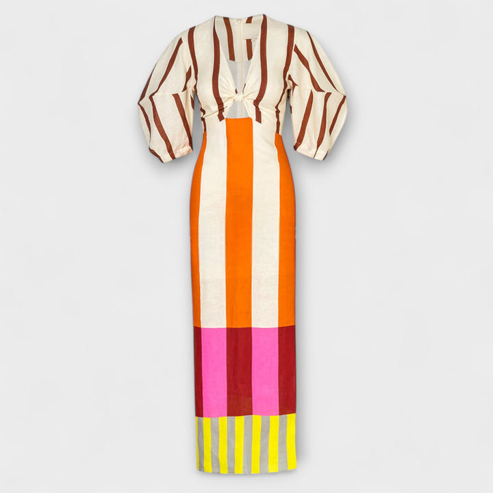 Kaya - Vestido Maxi com Decote Frontal e Mangas Bufantes