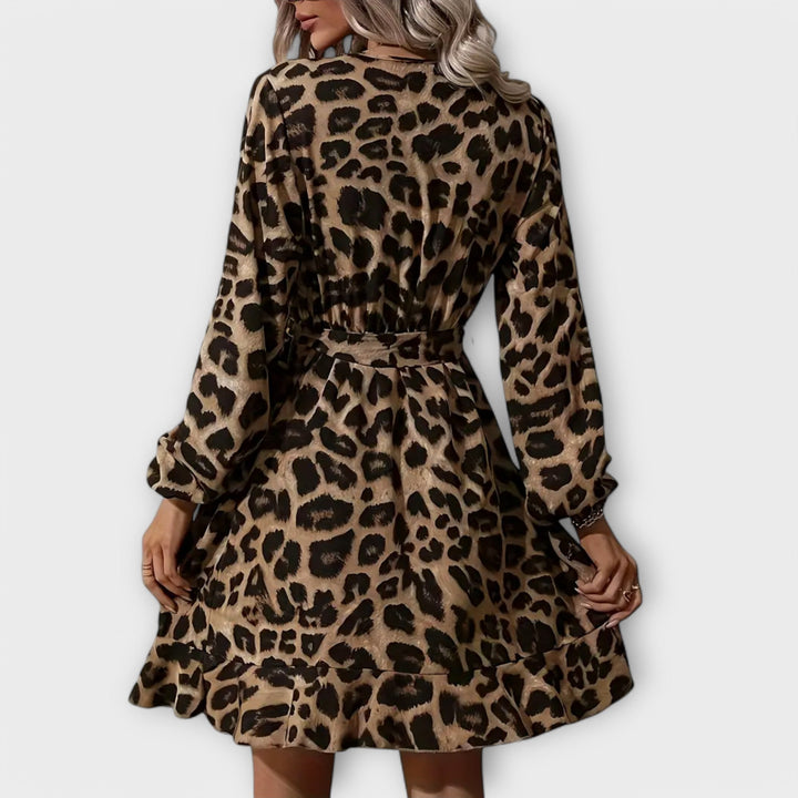 Vestido elegante com padrão de leopardo, decote em V e cinto ajustável