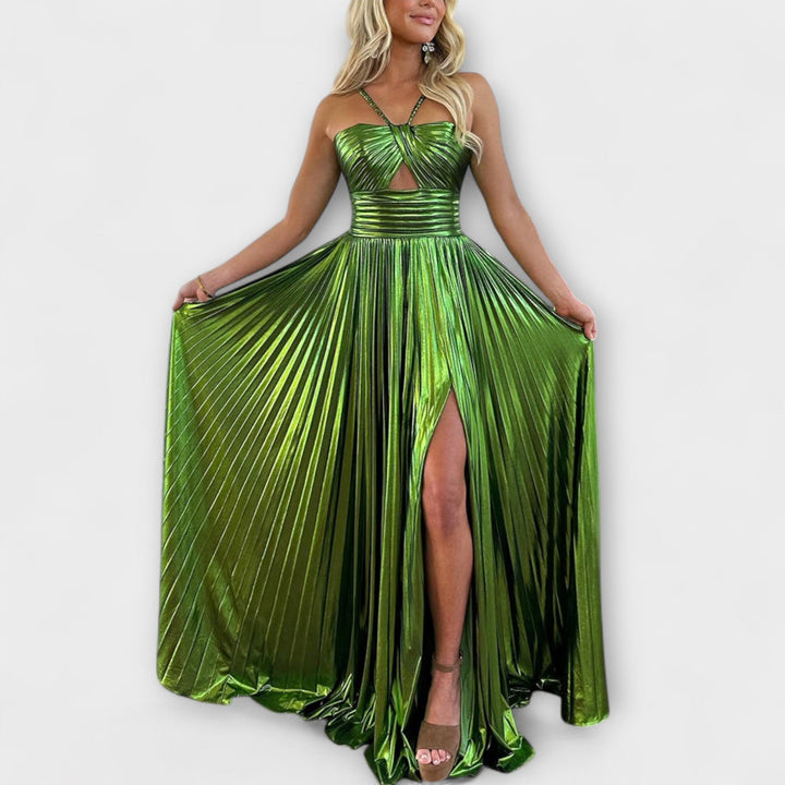 Maxi vestido com tecido metálico