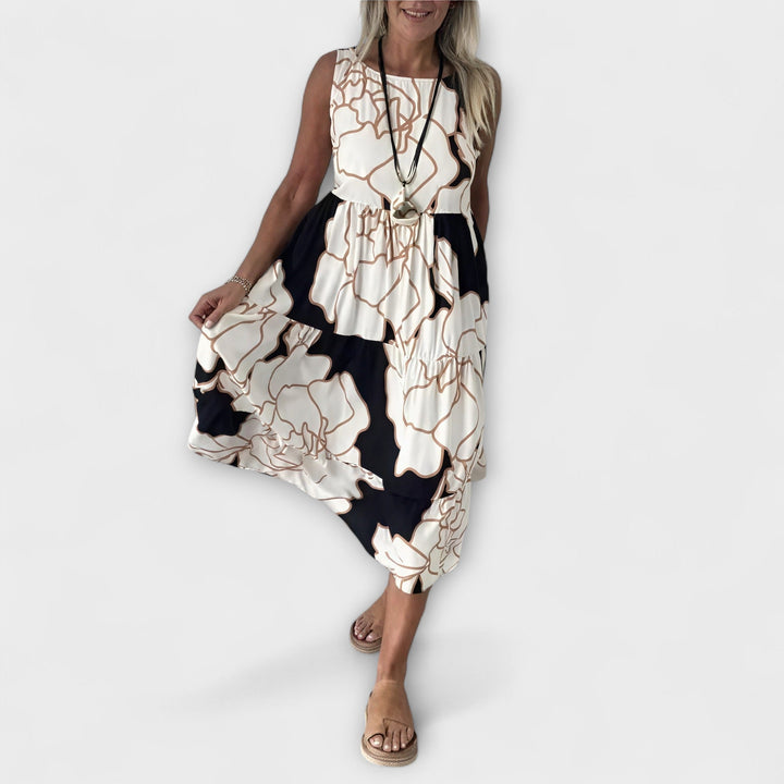 Vestido Midi Florido com Saia em Camadas