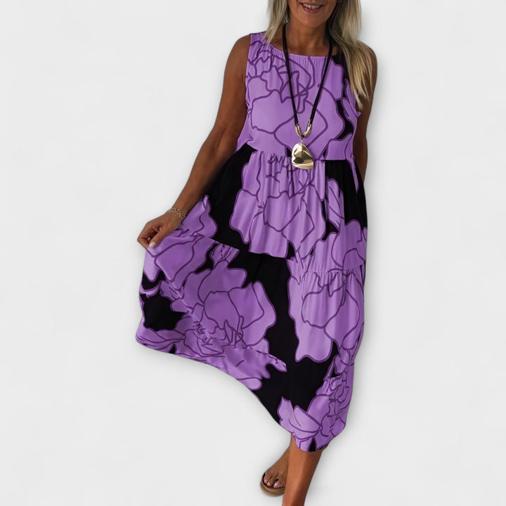 Vestido Midi Florido com Saia em Camadas