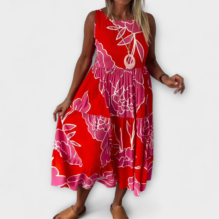 Vestido Midi Florido com Saia em Camadas