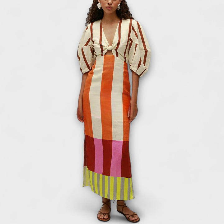 Kaya - Vestido Maxi com Decote Frontal e Mangas Bufantes