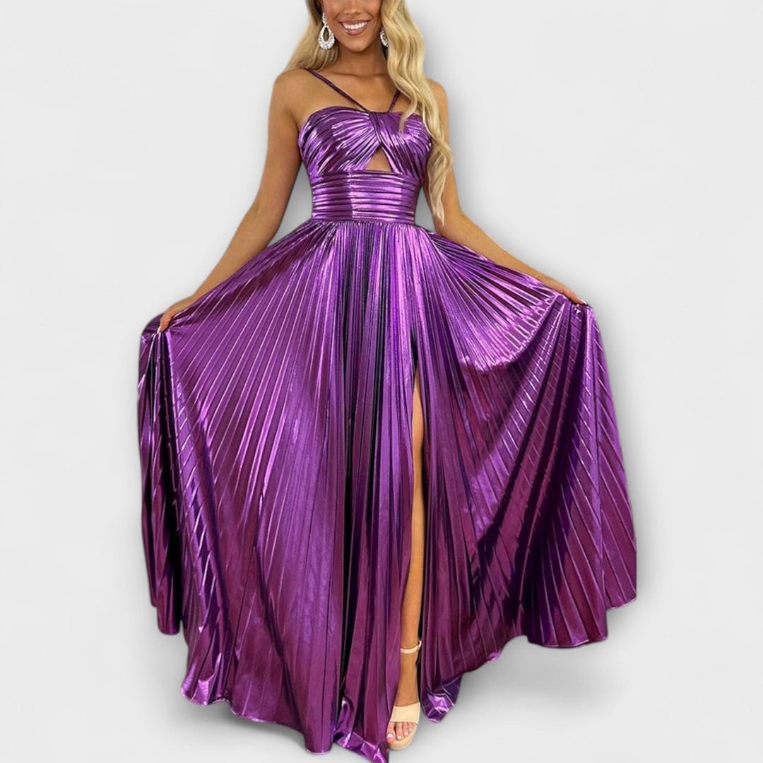 Maxi vestido com tecido metálico