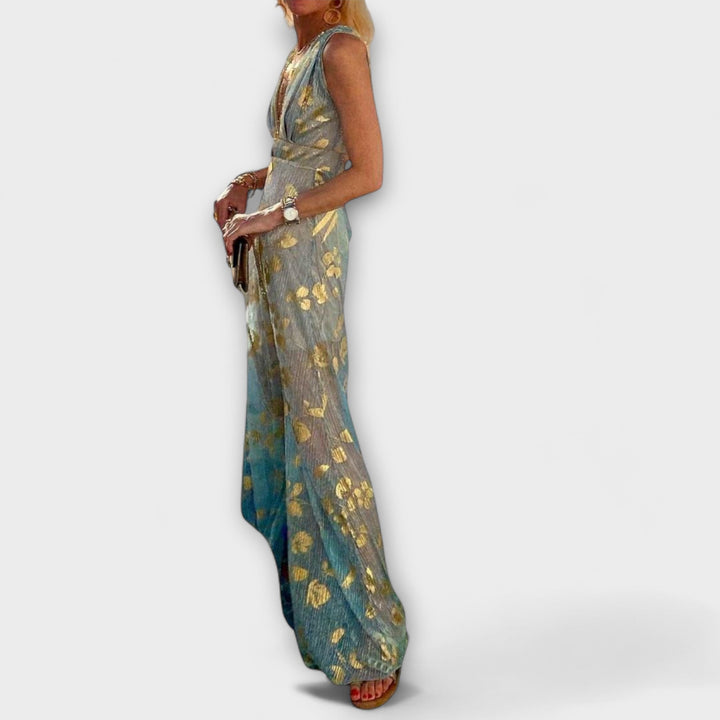 Vestido fluido com decote em V e detalhes em lantejoulas