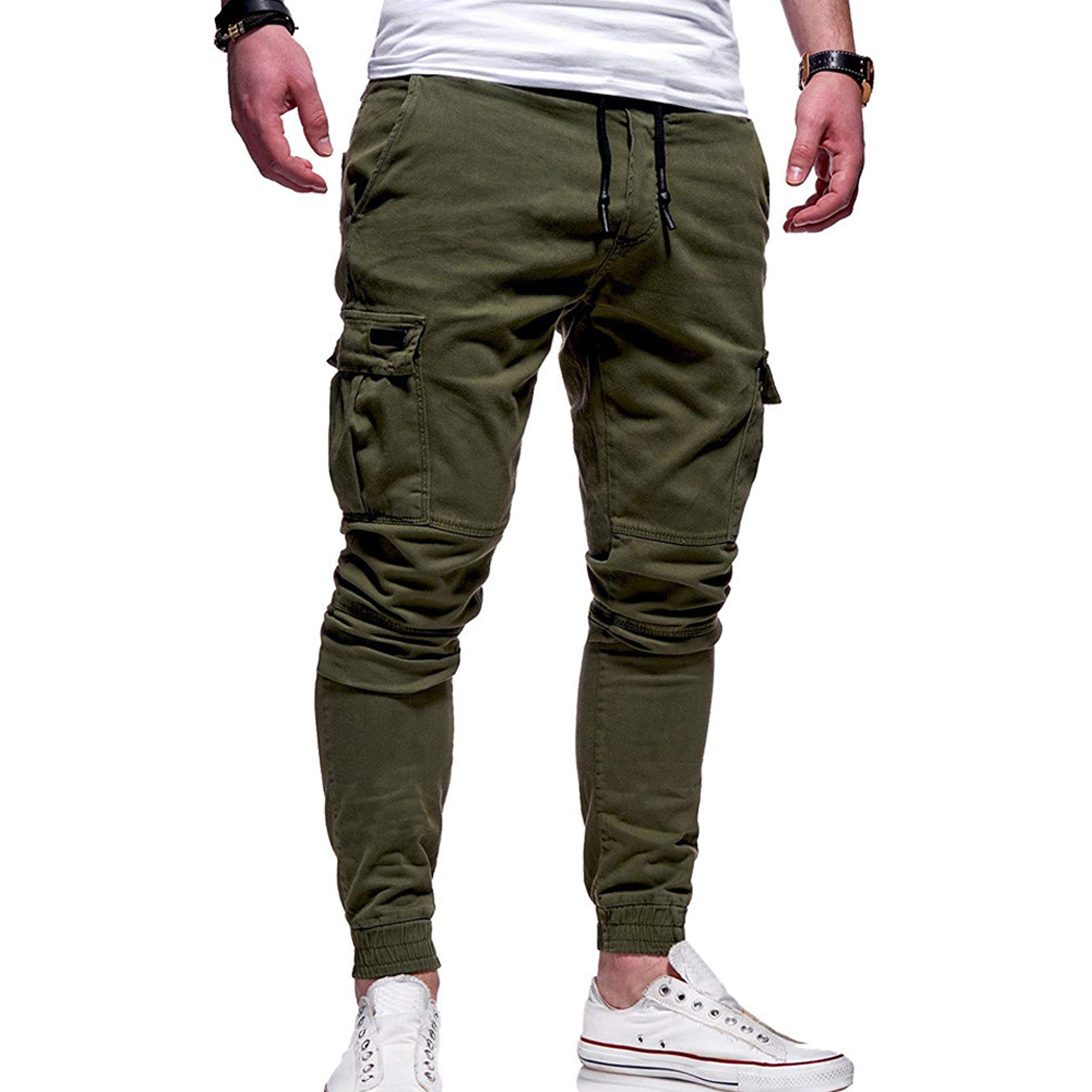 Calças Cargo Joggers Slim Fit em Poliéster com Bolsos Funcionais