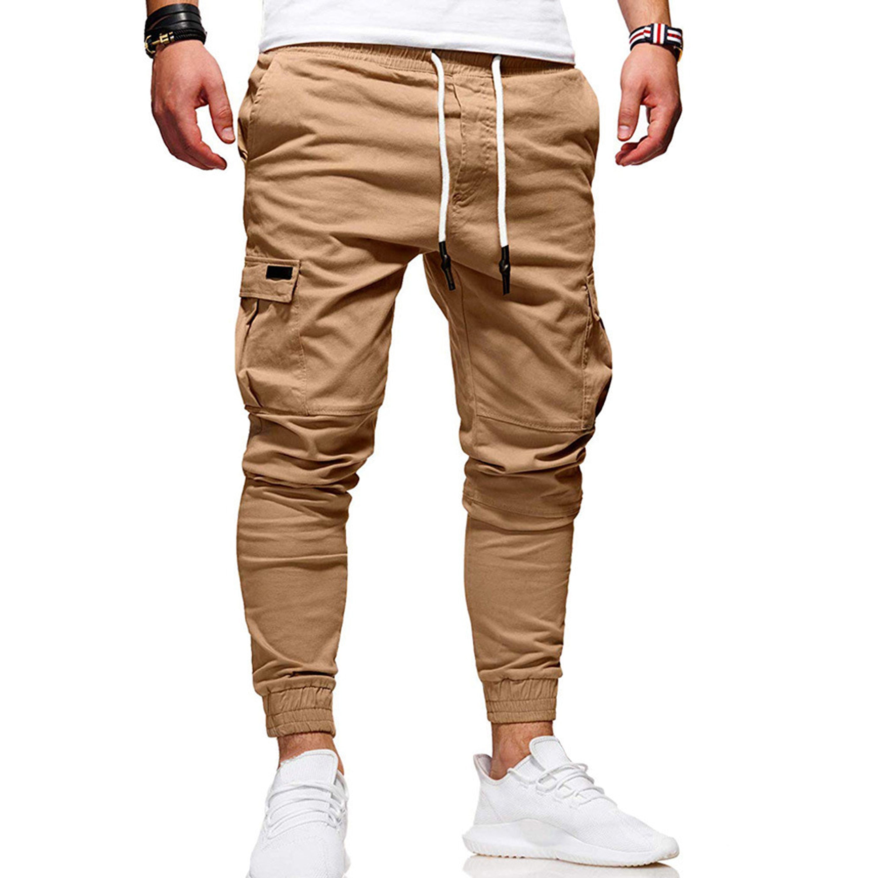 Calças Cargo Joggers Slim Fit em Poliéster com Bolsos Funcionais