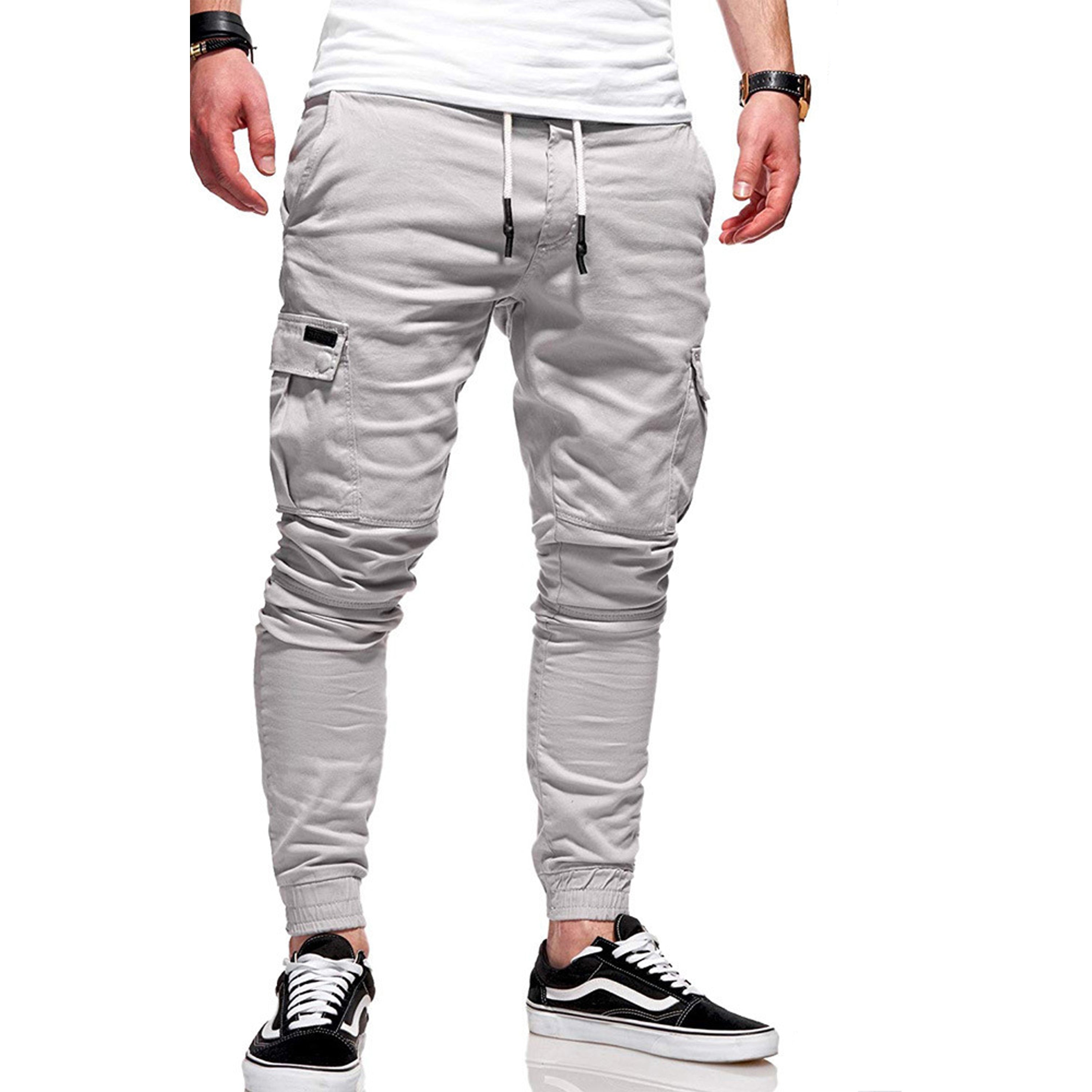Calças Cargo Joggers Slim Fit em Poliéster com Bolsos Funcionais