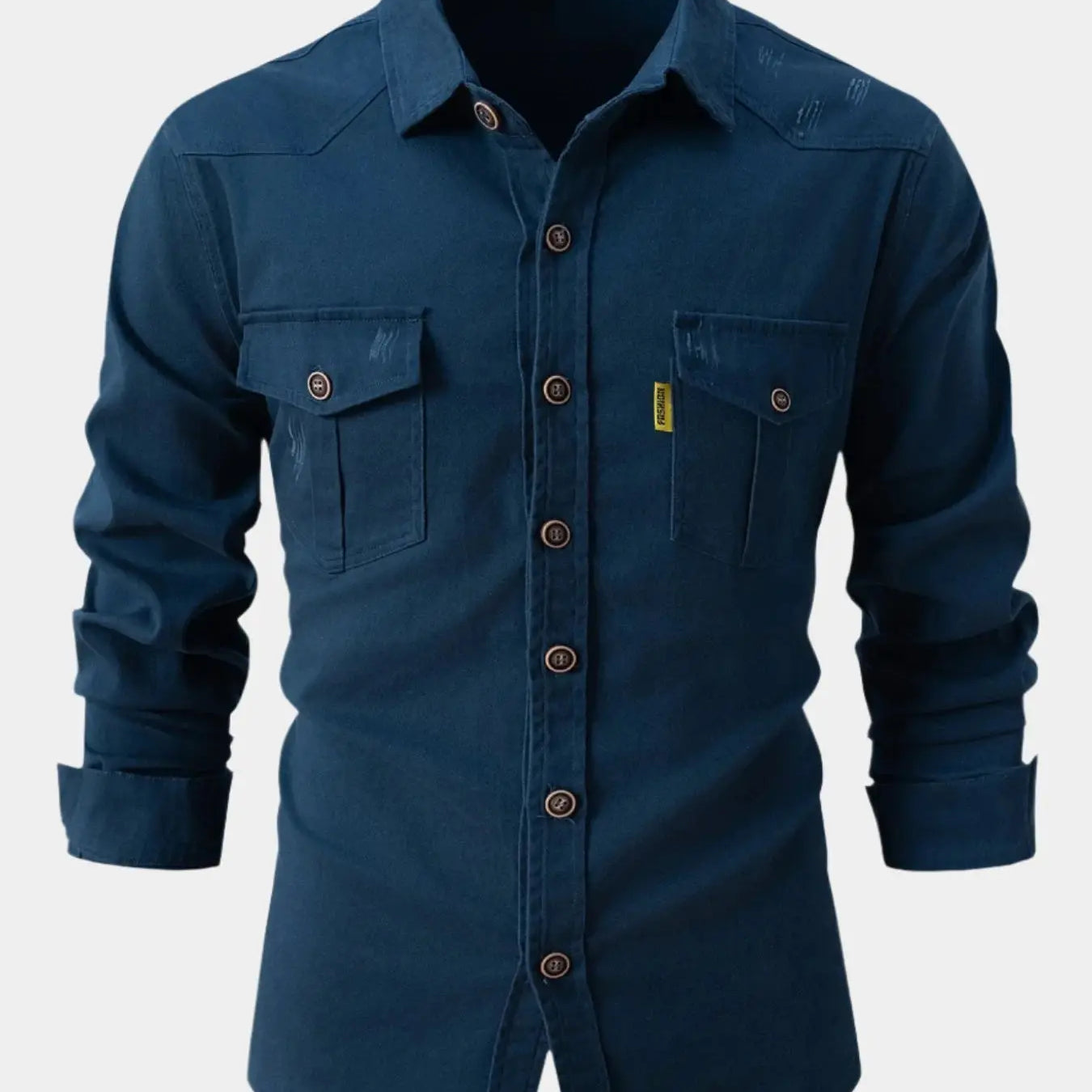 Camisa de Denim com Botões na Frente e Mangas Roladas Ajustáveis
