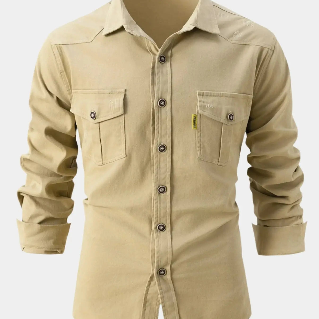 Camisa de Denim com Botões na Frente e Mangas Roladas Ajustáveis