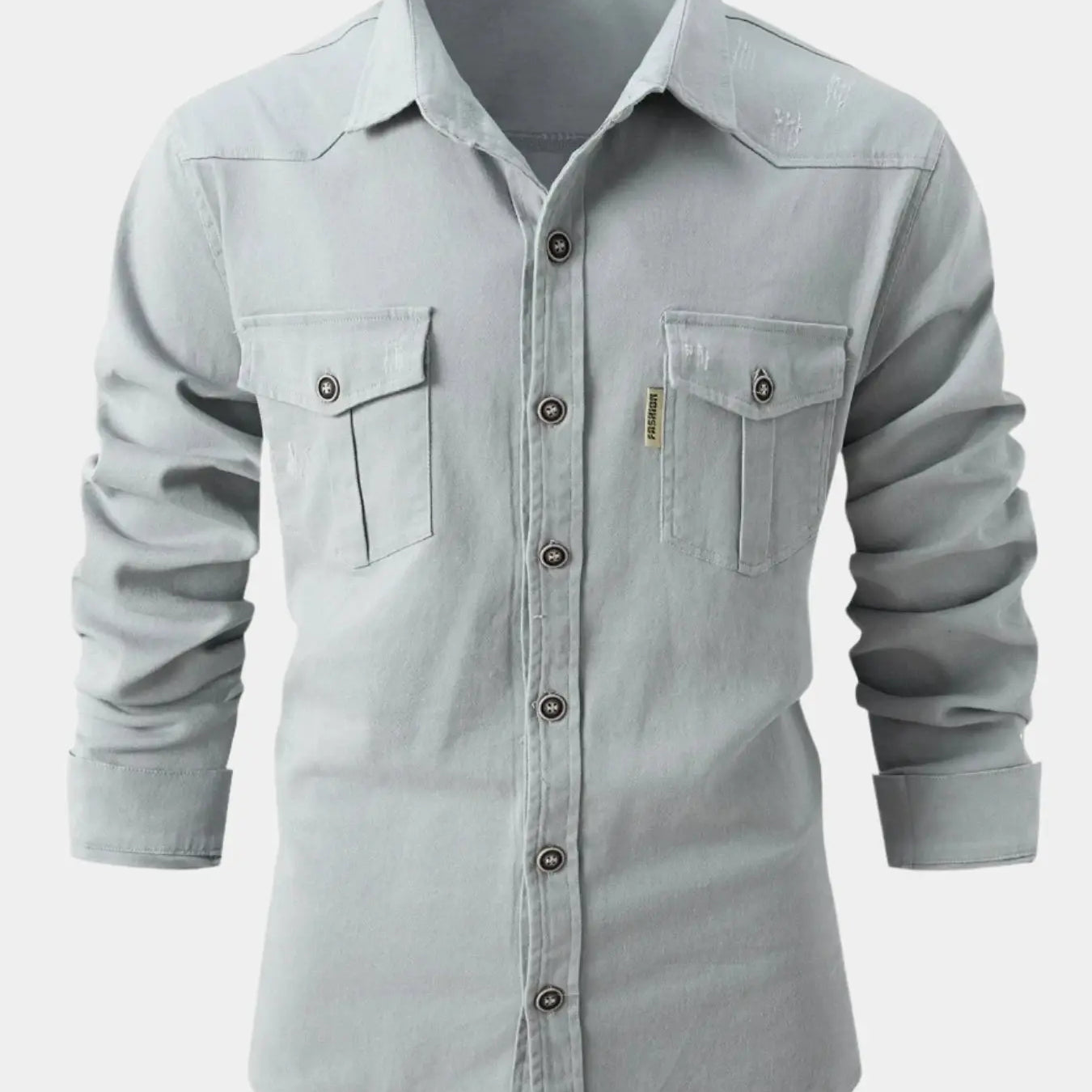 Camisa de Denim com Botões na Frente e Mangas Roladas Ajustáveis