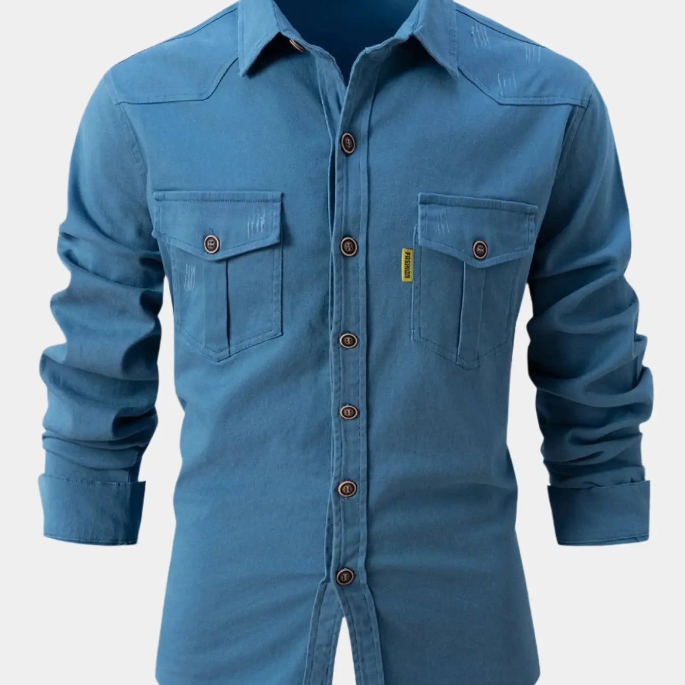 Camisa de Denim com Botões na Frente e Mangas Roladas Ajustáveis