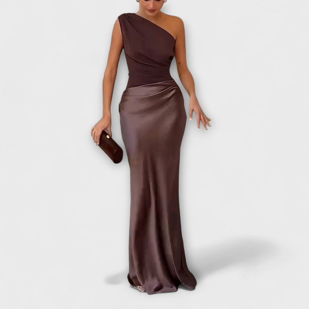 Vestido Maxi Plissado de Um Ombro Elegante